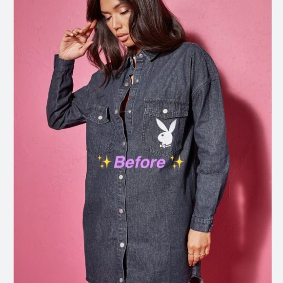 ✨Upcycled | Playboy x Missguided Logo Embroidered Denim Dress | Size 4 | Blue - Picture 4 of 16